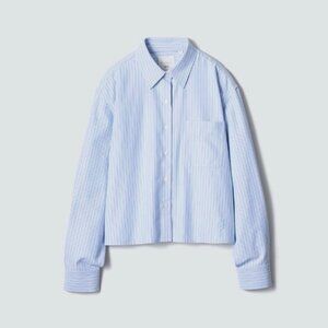 Uniqlo JW Anderson Women's Boxy Oxford Cropped Shirt, Blue Striped, XS-S
